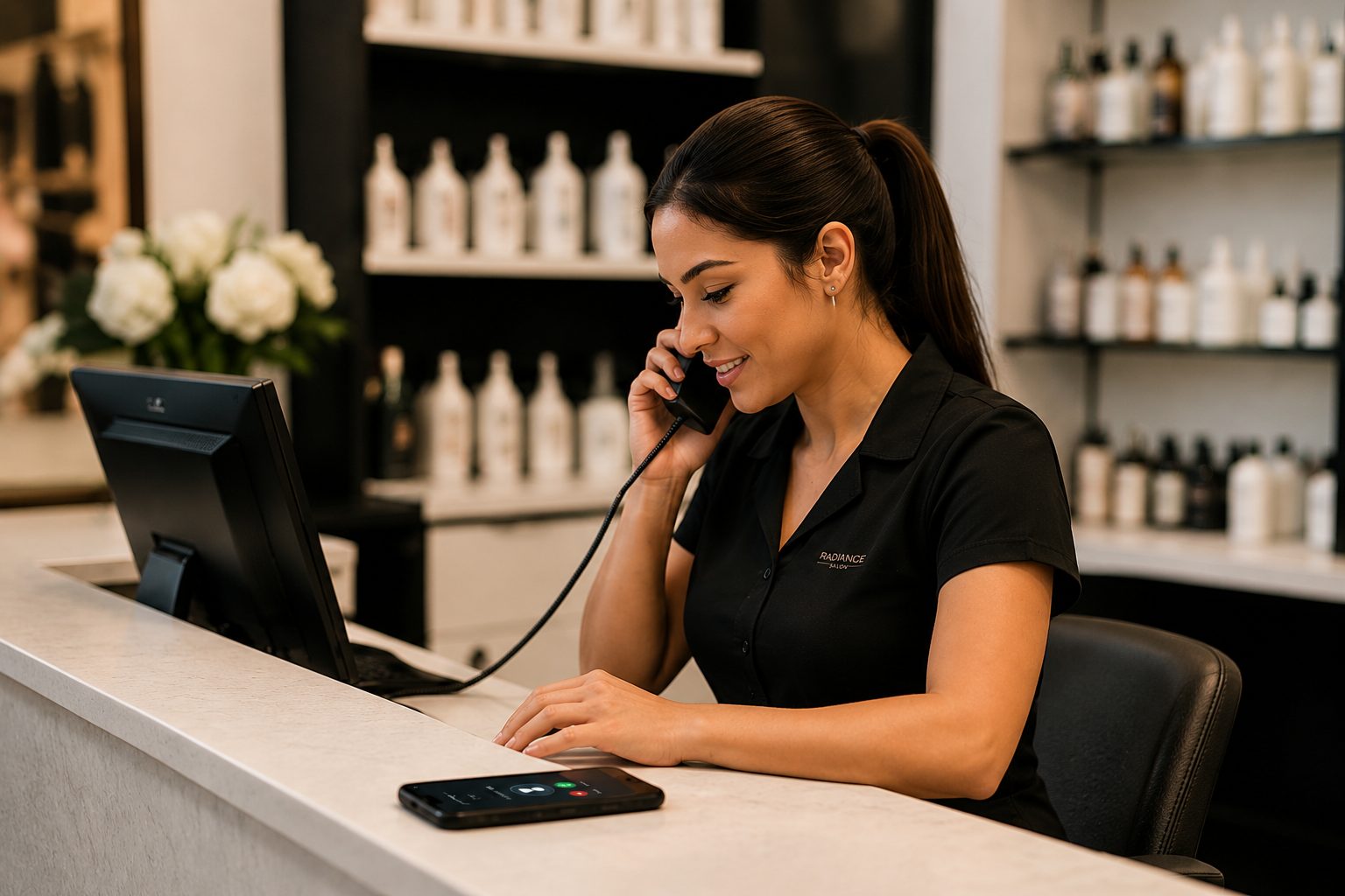 Beauty business owner speaking with a customer on the phone
