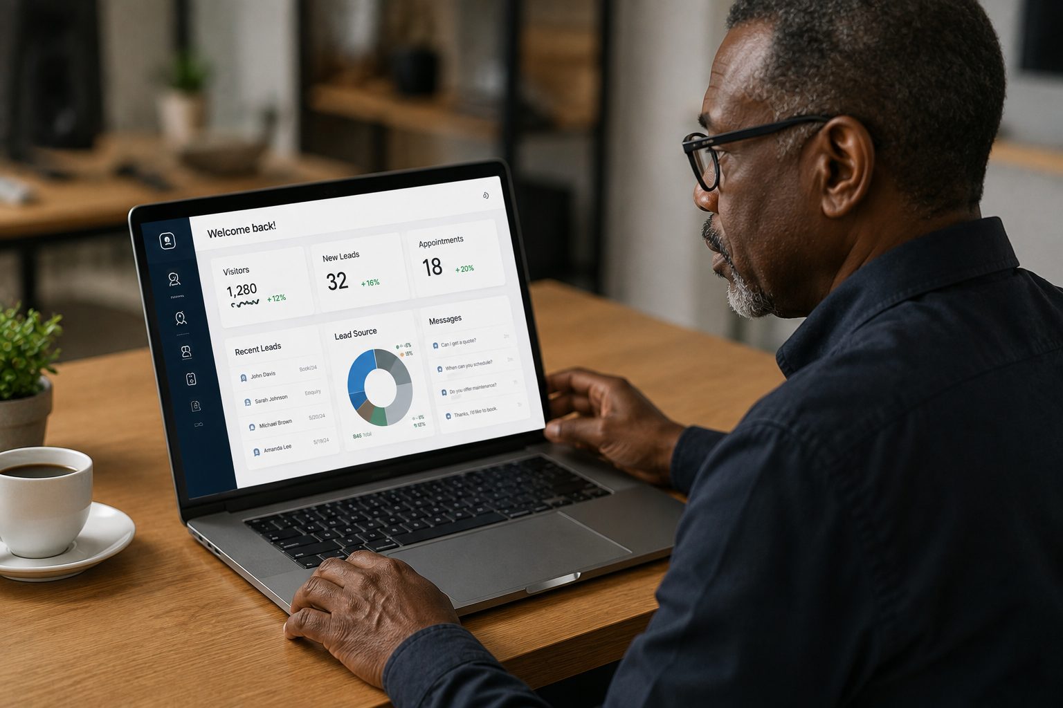Dashboard showing website visitors, new leads and appointments