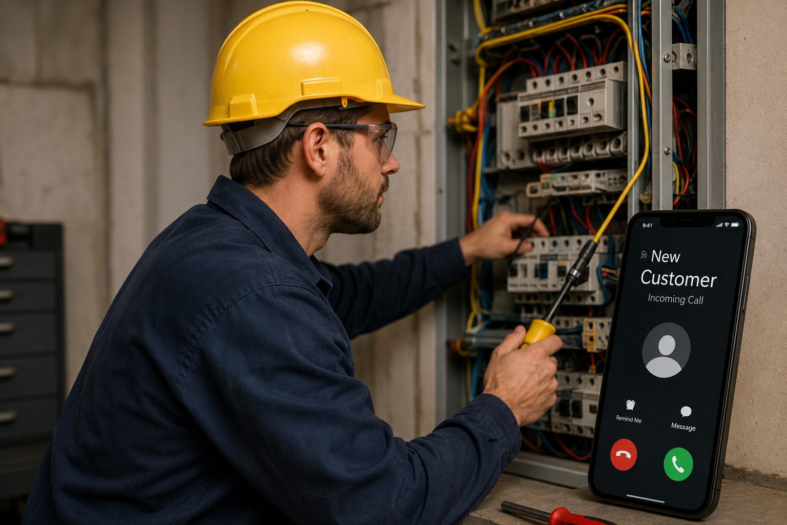 Electrician at a fuse box with an incoming call notification
