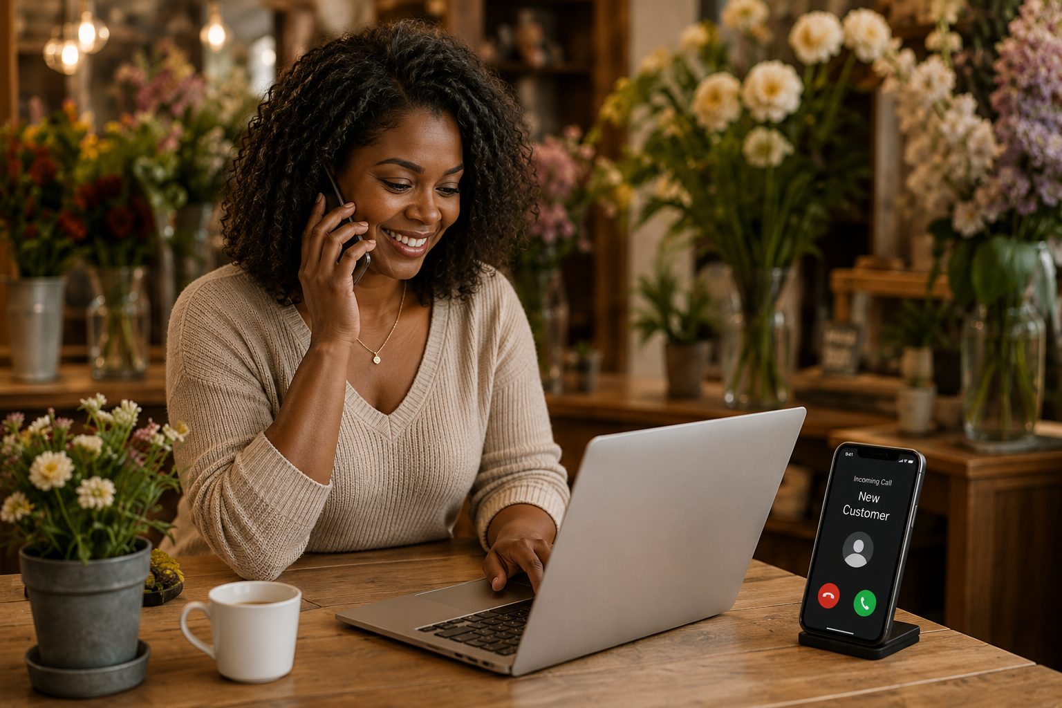 A florist business owner smiling on the phone with a new customer while working at her laptop