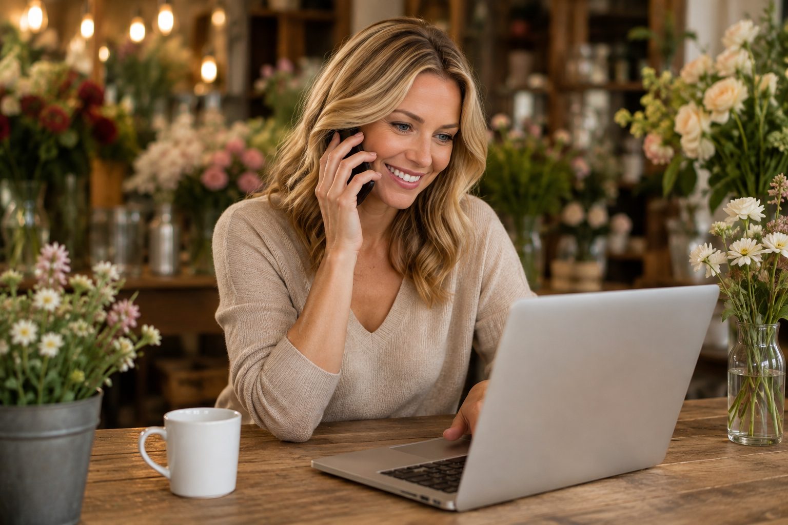 A business owner smiling while on the phone with a customer at her laptop
