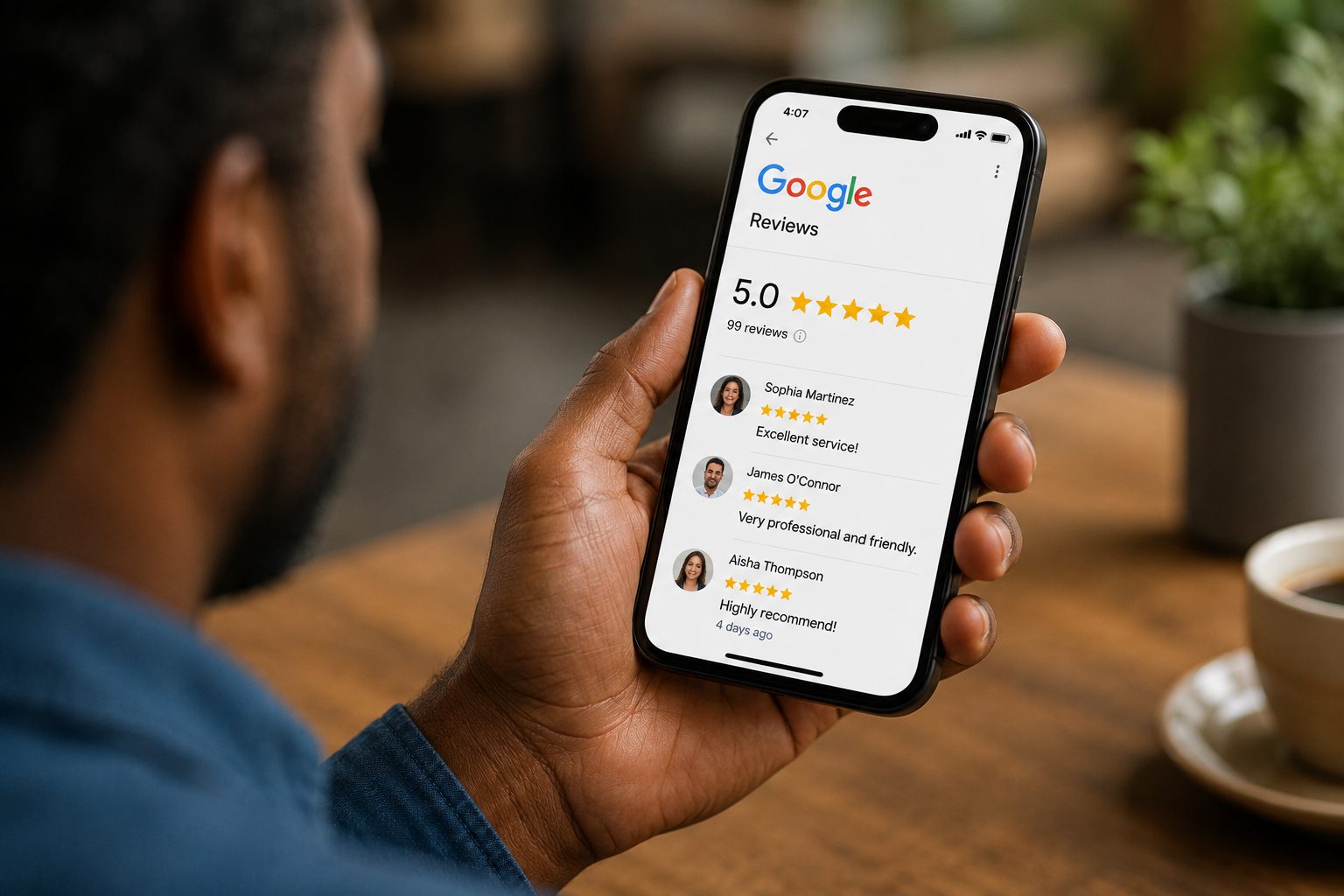 A business owner checking his five-star Google reviews on his phone