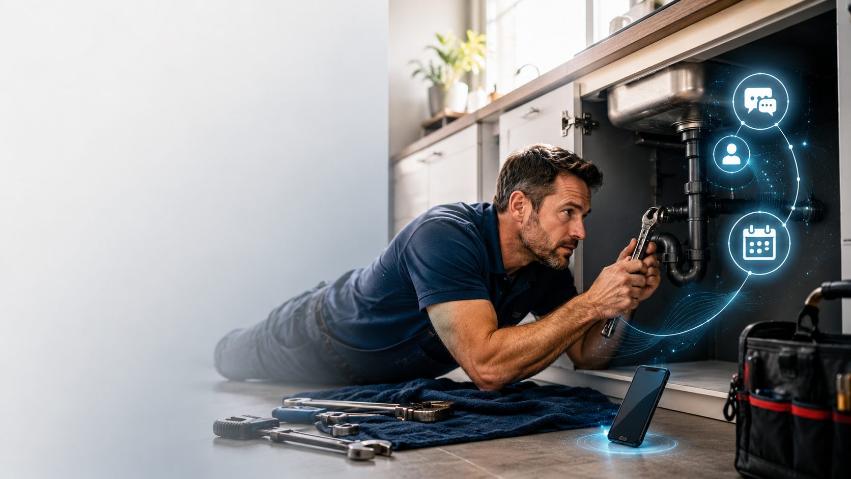 A tradesperson working under a kitchen sink while his business keeps running in the background