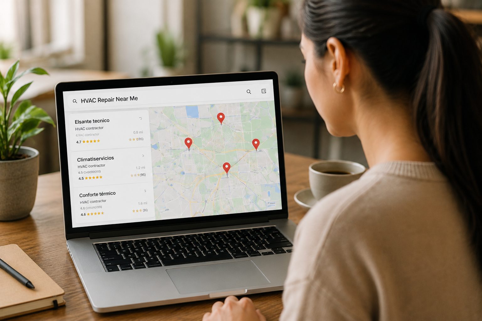 A laptop showing search results for HVAC repair near me with a map of local businesses