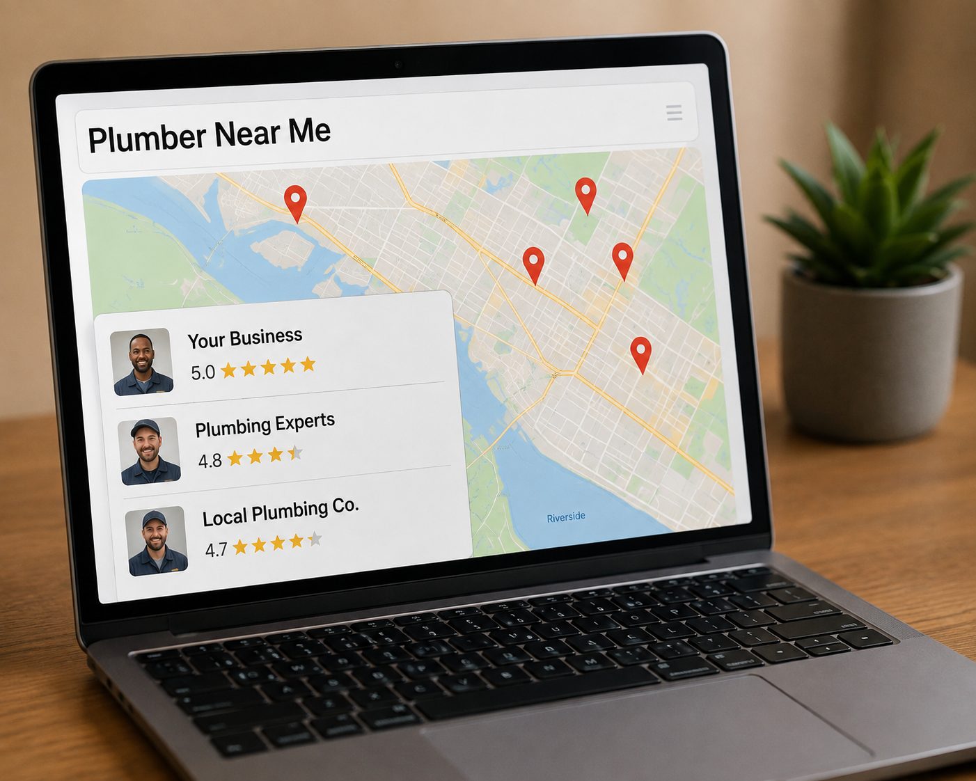 A laptop showing search results for plumber near me with a map of local businesses