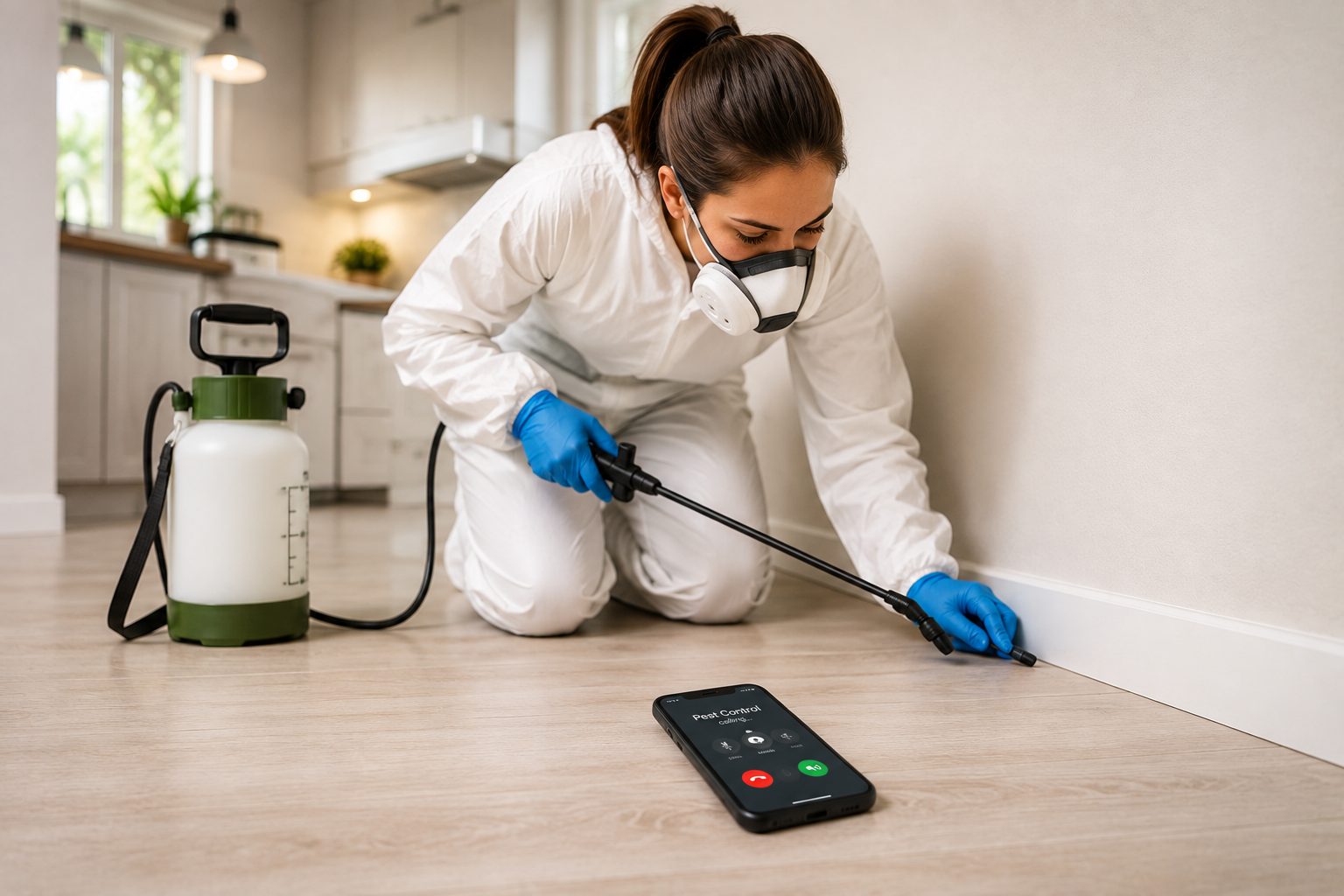 Pest control technician treating a home while a call is handled by the AI receptionist