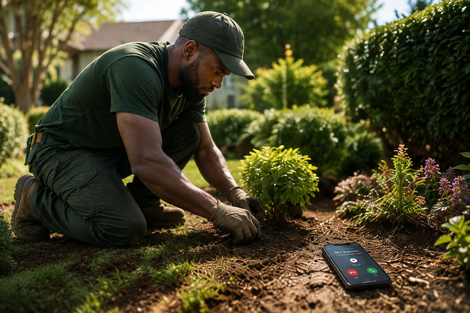 Gardener landscaping while his phone handles a new enquiry