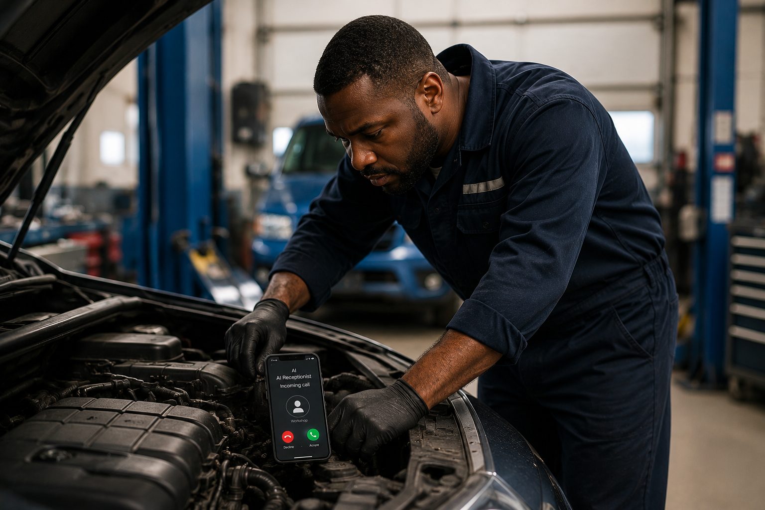 Mechanic working on a car while a call comes through