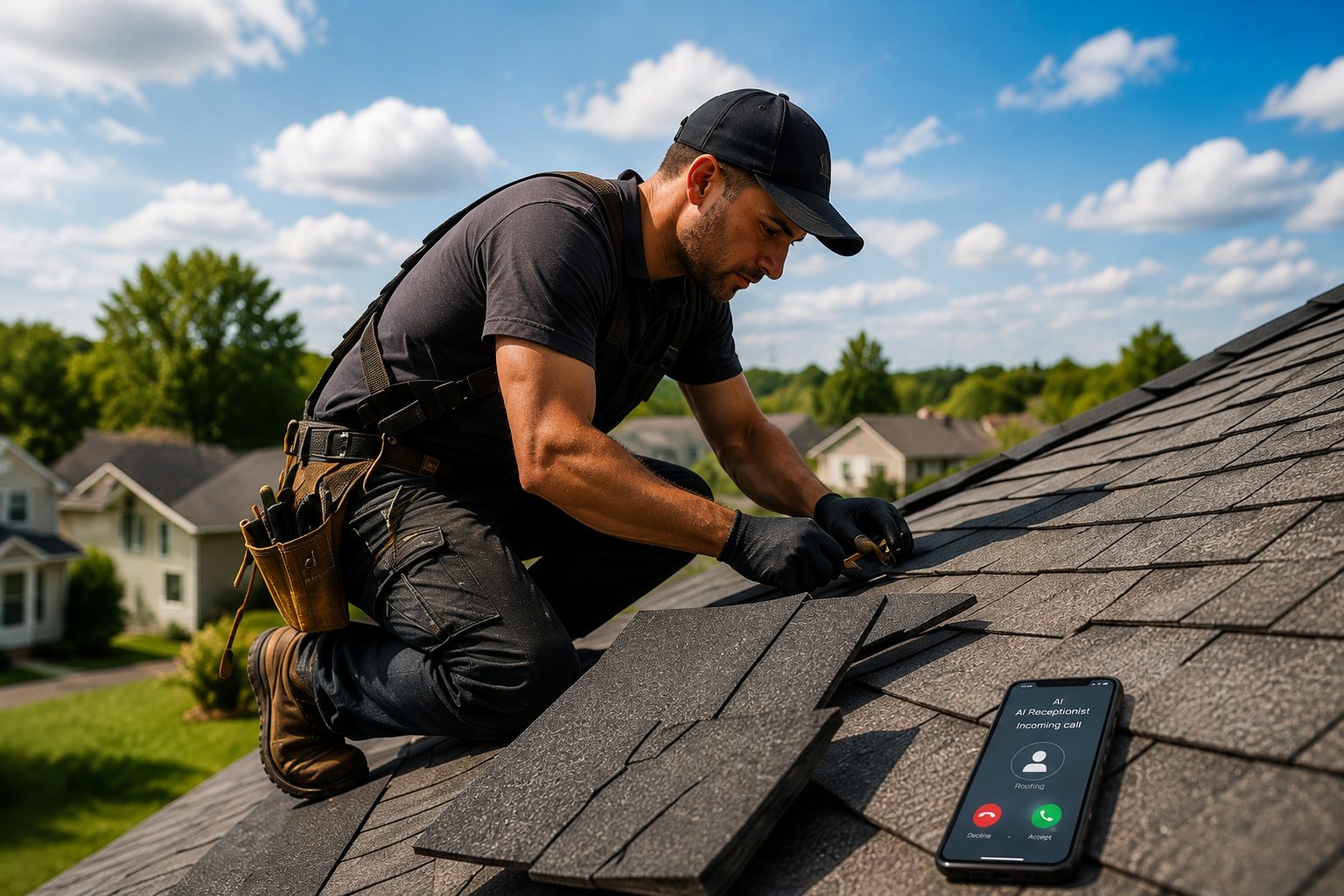 Roofer at work while an incoming call is handled by the AI receptionist