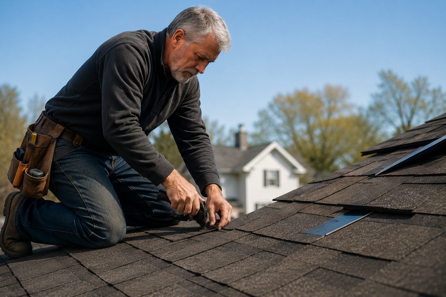 Roofer working on shingles