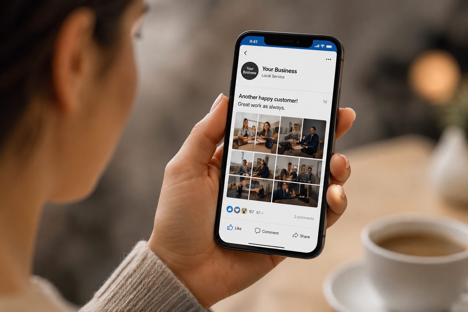 A phone showing a business social media post with happy customer photos